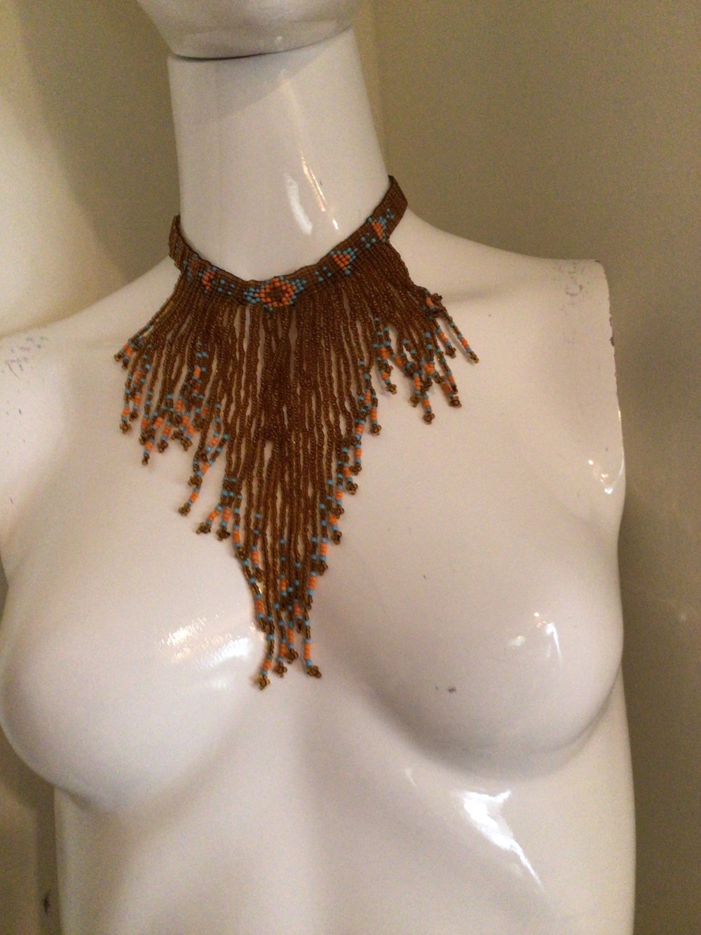 Beaded Fringe Statement Necklace in Brown and Turquoise